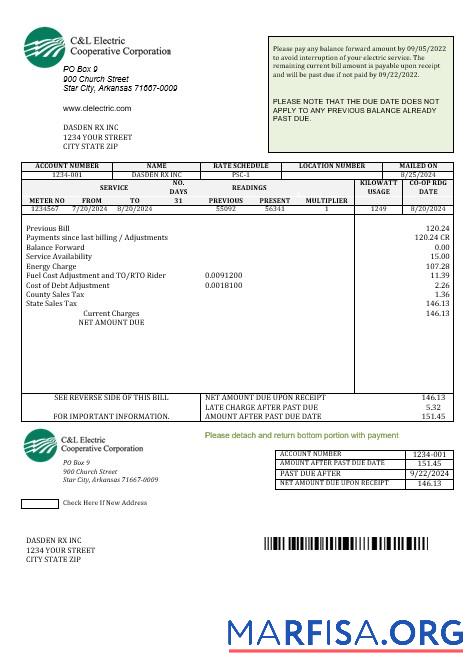 Realistic USA Arkansas C & L Electric Cooperative Corporation business utility bill template in Word and PDF formats